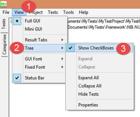 NUnit show checkboxes